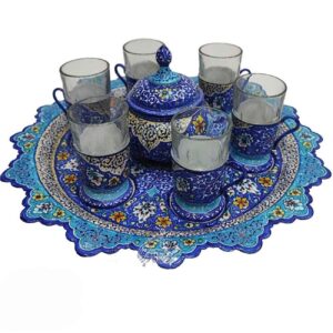 Медный чайный сервиз с эмалью Минакари (синий)