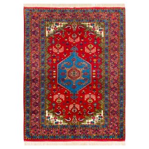 Персидский ковер ручной работы (Боджнурд, Красный Лаки, художественный цветочный медальон) — синий шелк и шерсть