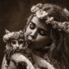 Персидский ковер ручной работы с живописным изображением девочки и кошки из Тебриза