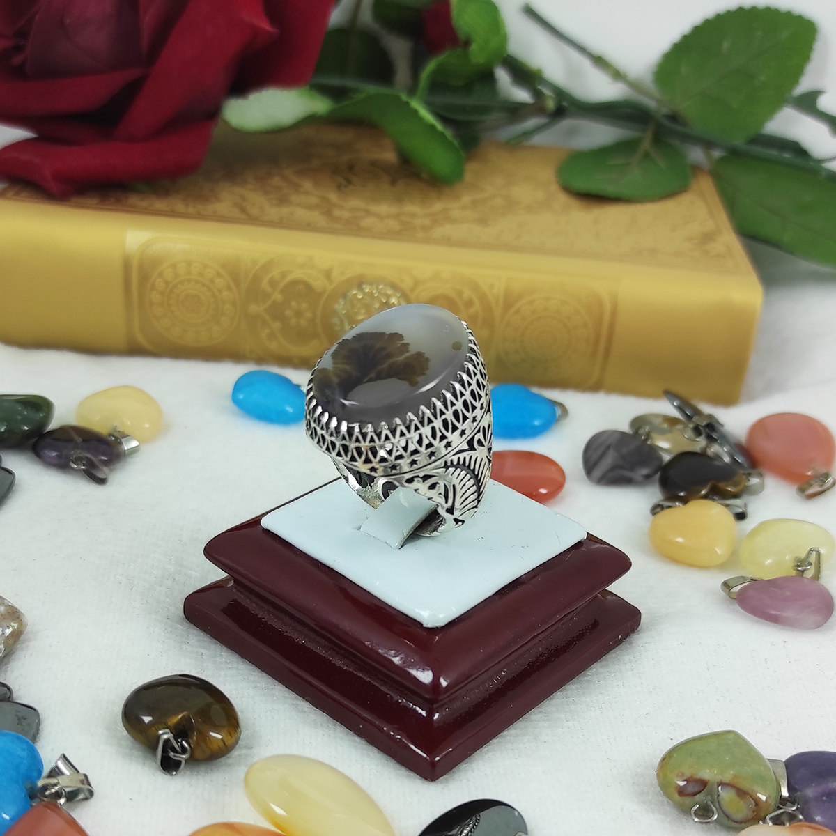 Серебряное кольцо с дендритовым агатом «Шаджар» для мужчин, Хади