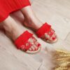 Boho-Style Indoor Summer Slipper – Floral Embroidery & Macrame in Red (2)