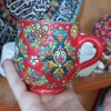 Handmade Coffee Mug – Enamel-Finished Pottery, with Floral Design in Red (2)